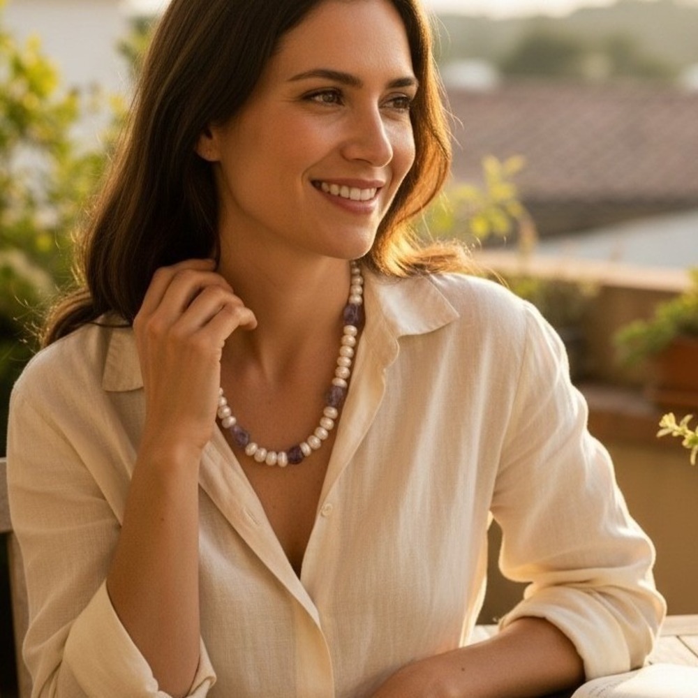 Freshwater Pearl and Raw Amethyst Bead Necklace‎ Purple White Gemstone Strand